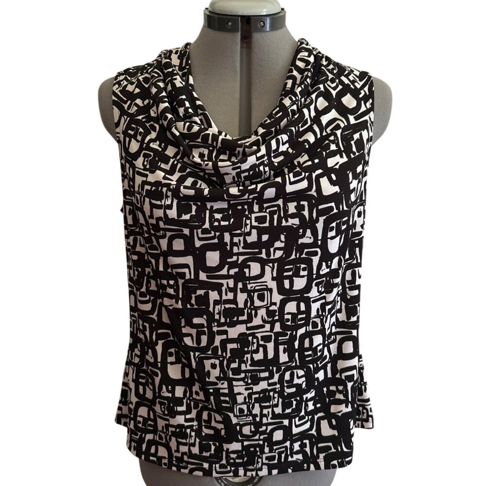 Jones Studio Black & White Abstract Geometric Print Sleeveless Cowl Neck Top M